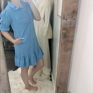 S’edge Blue Tiered Puff Sleeve Sundress size xsmall with pockets cotton fabric